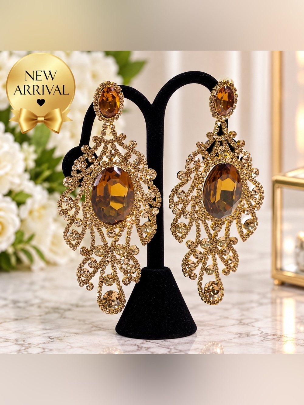 ✨ Amber Crystal Chandelier Statement Earrings ✨